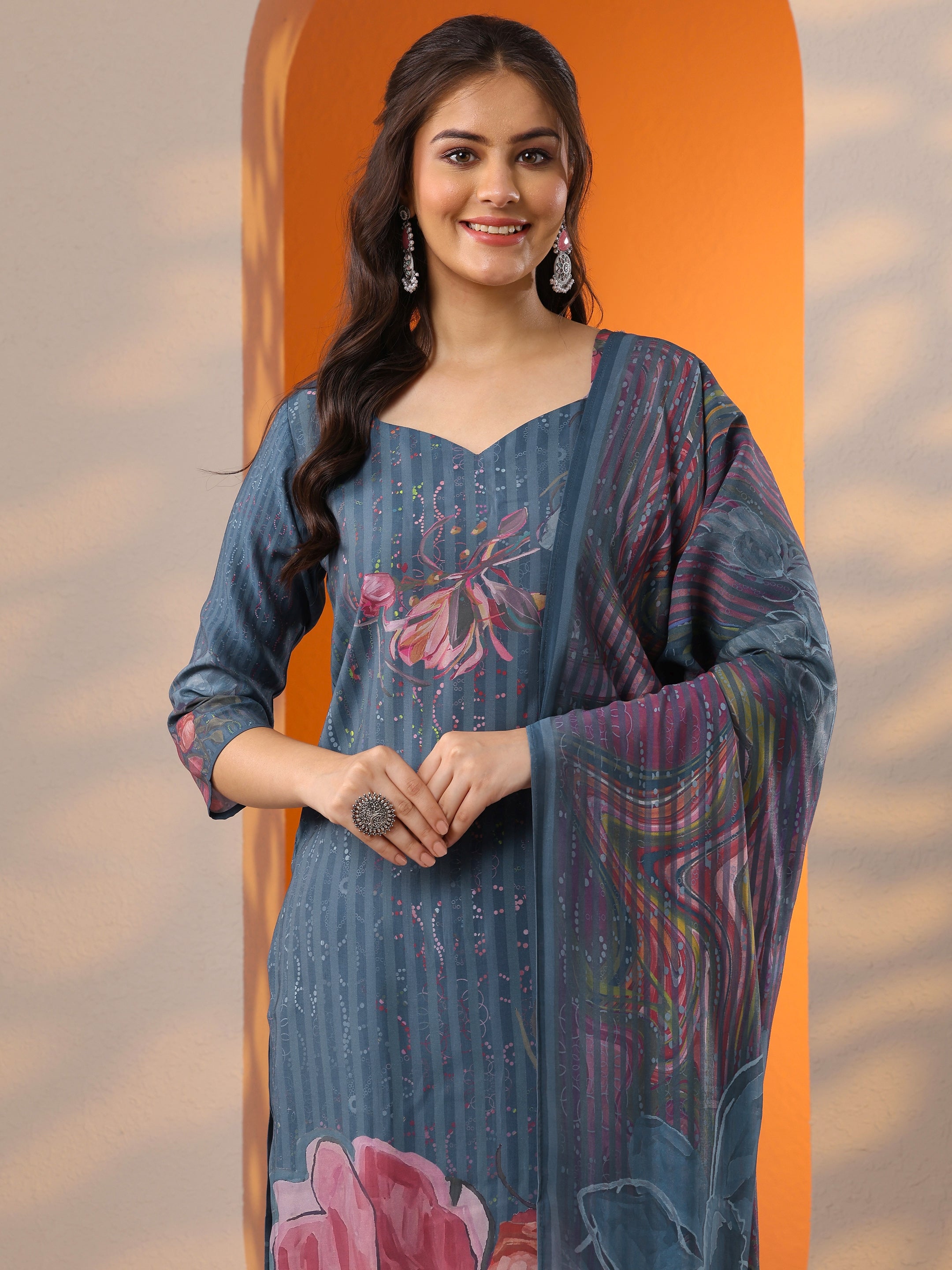 libas Blue Printed Silk Blend Straight Suit Set With Dupatta-picture-62