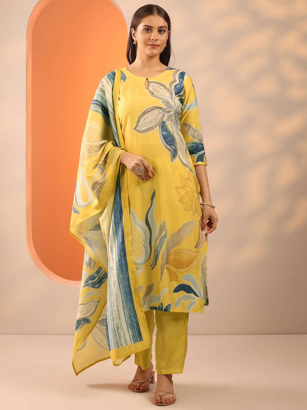  Yellow Printed Silk Blend Straight Suit Set With Dupatta 