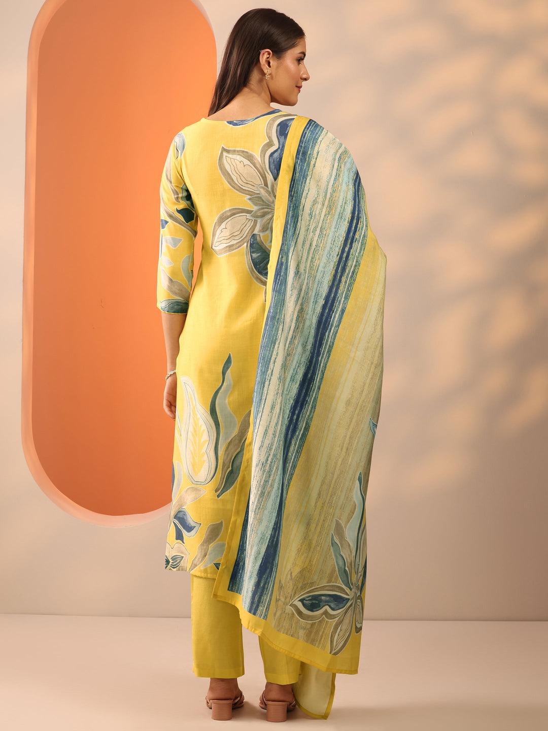  Yellow Printed Silk Blend Straight Suit Set With Dupatta 