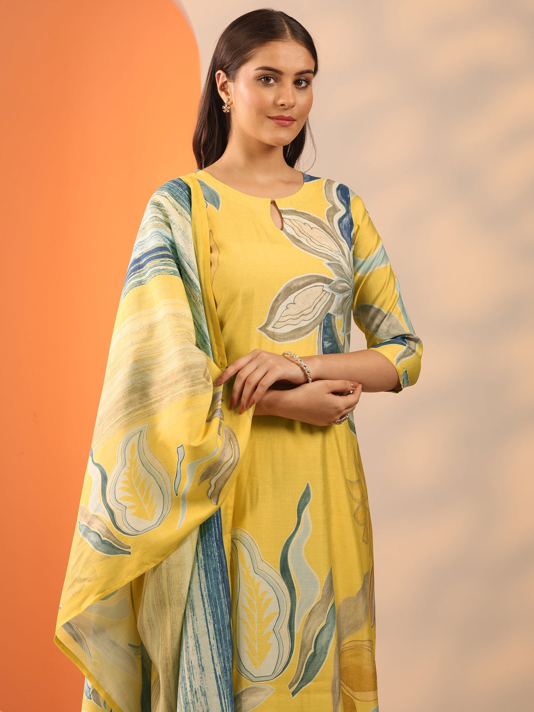 Yellow Printed Silk Blend Straight Suit Set With Dupatta 