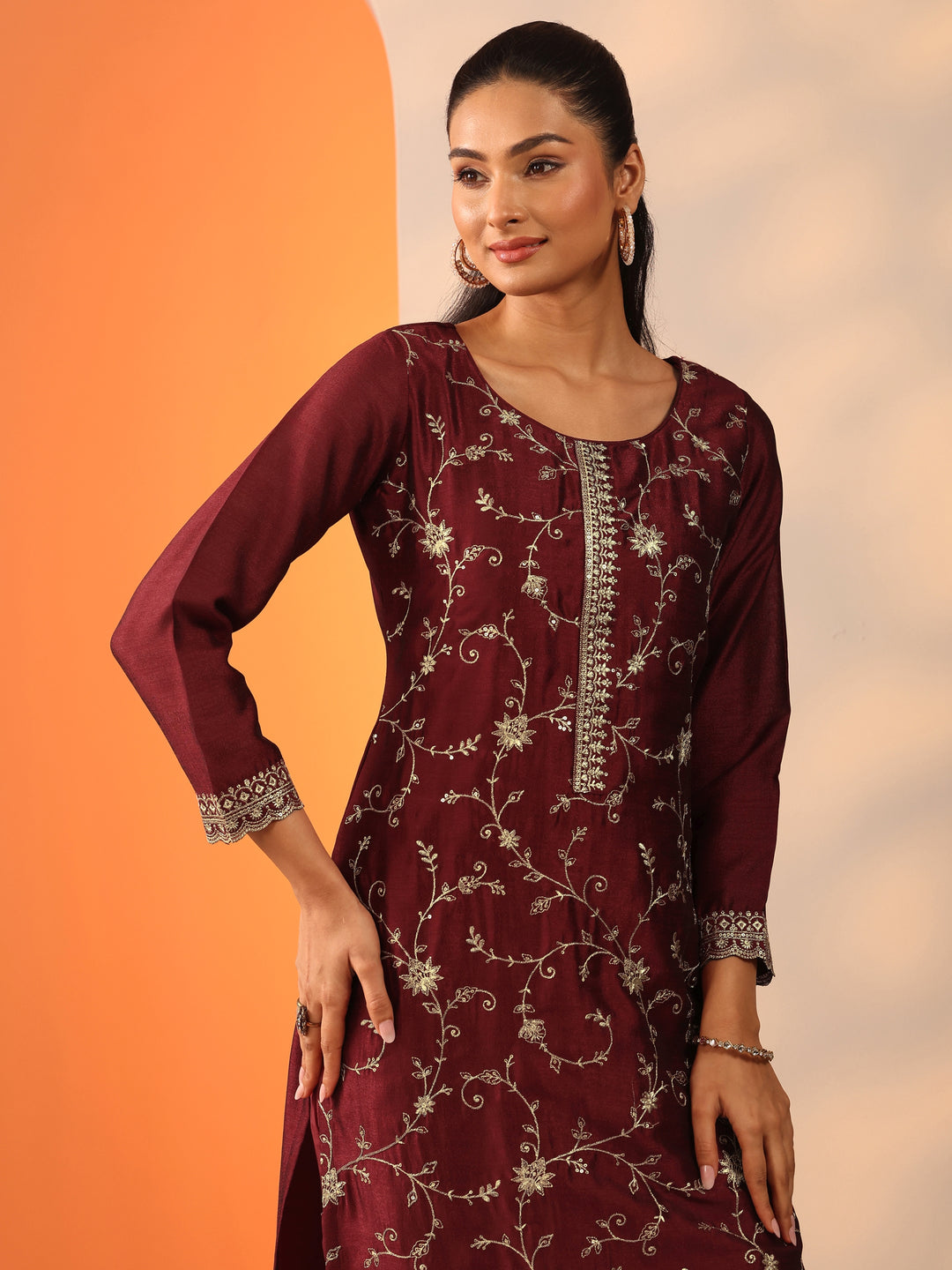  Maroon Embroidered Silk Blend Straight Suit Set With Dupatta 