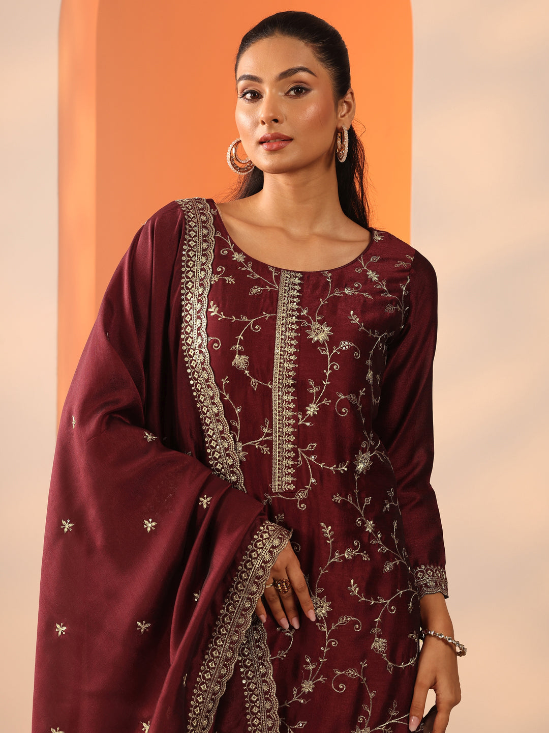  Maroon Embroidered Silk Blend Straight Suit Set With Dupatta 