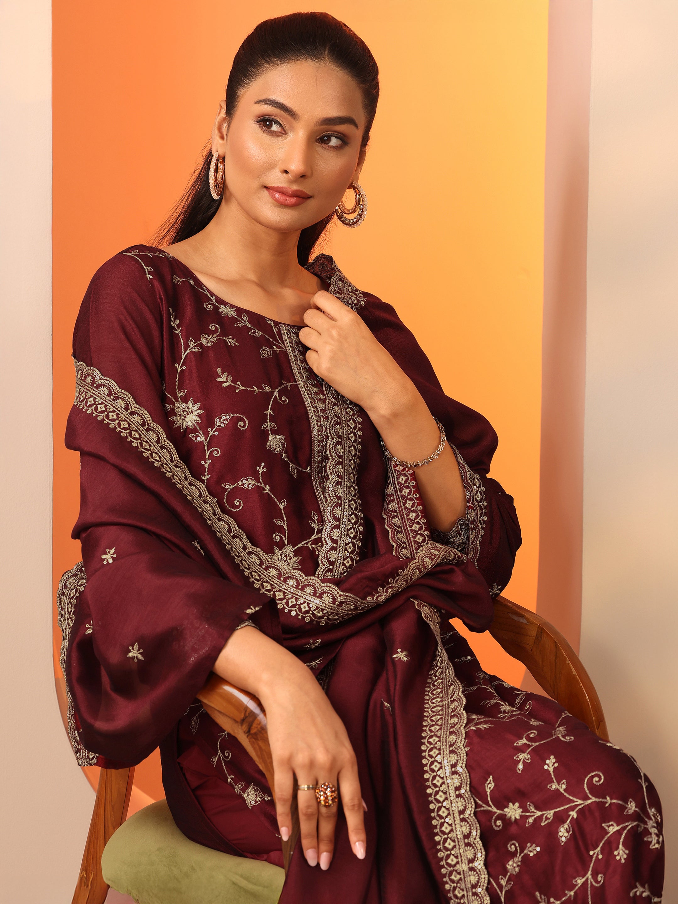 libas Maroon Embroidered Silk Blend Straight Suit Set With Dupatta-picture-40
