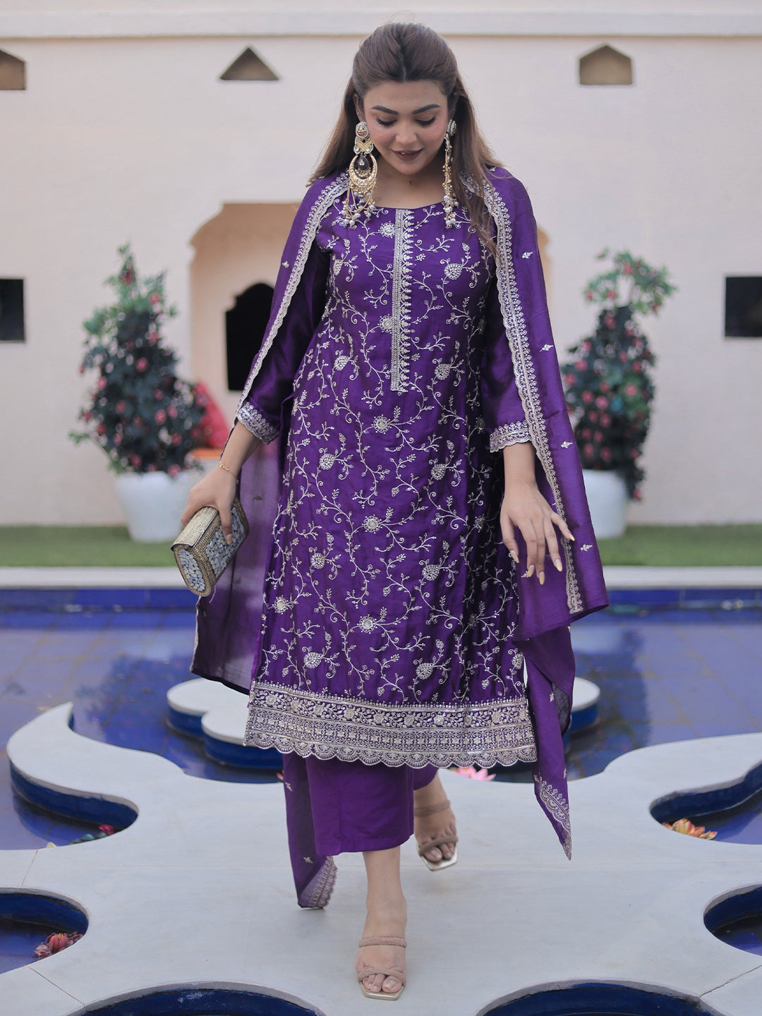 Purple Embroidered Silk Blend Straight Suit Set With Dupatta-image-14