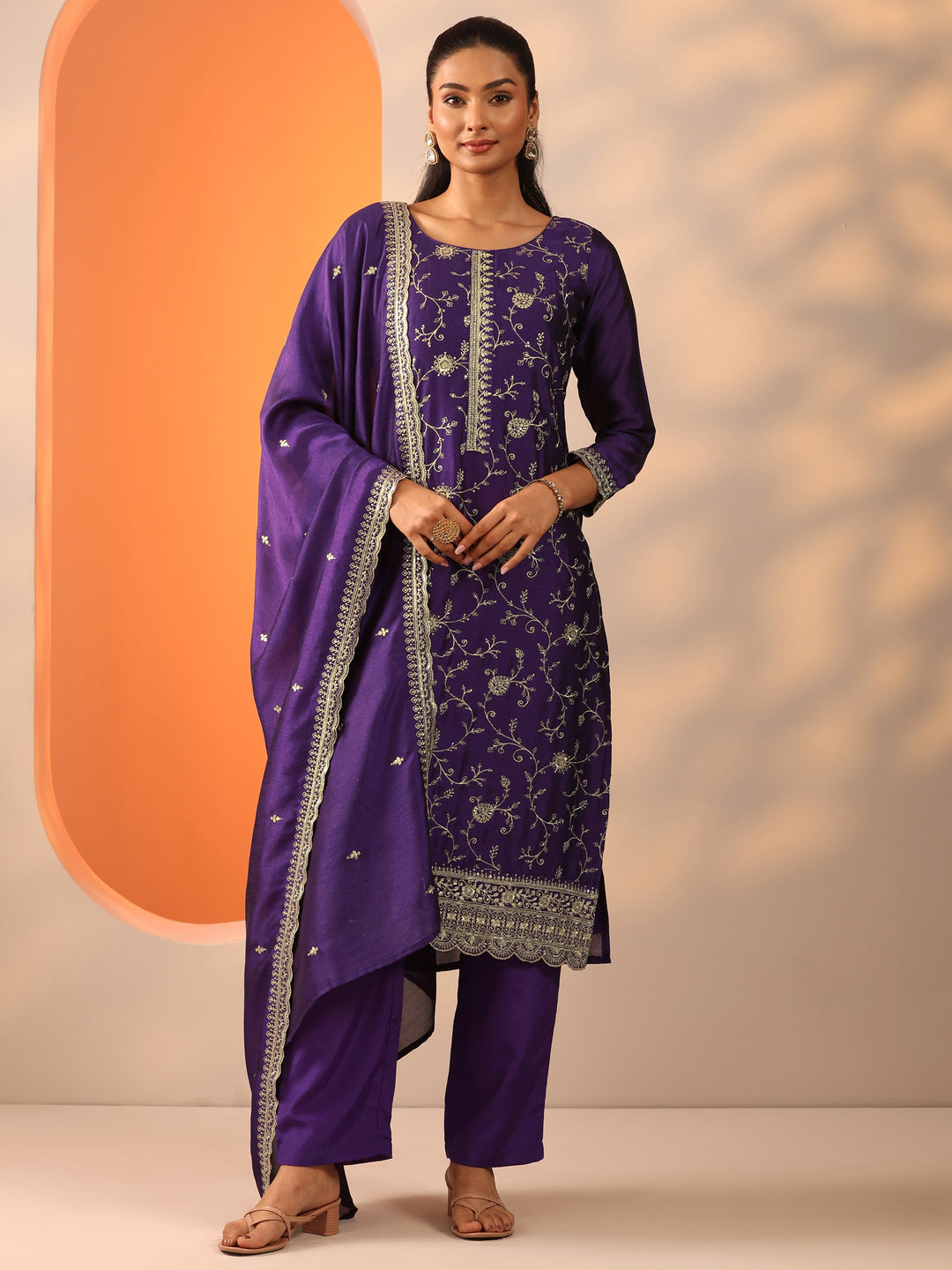  Purple Embroidered Silk Blend Straight Suit Set With Dupatta 