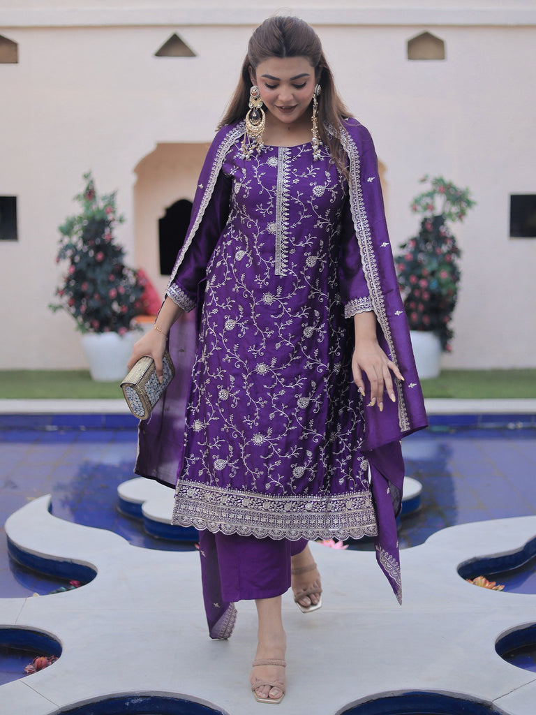 Libas Purple Embroidered Silk Blend Straight Suit Set With Dupatta