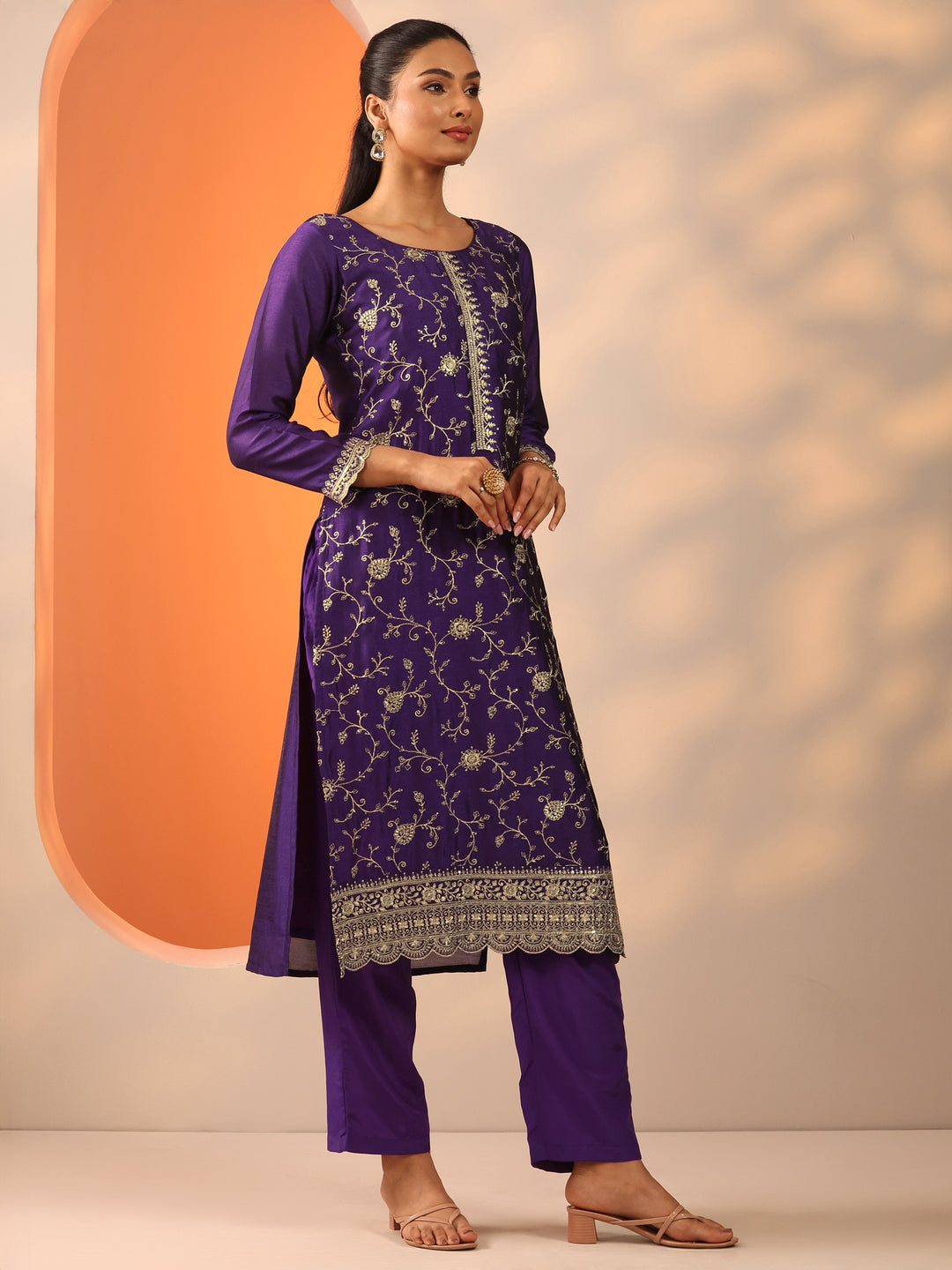  Purple Embroidered Silk Blend Straight Suit Set With Dupatta 