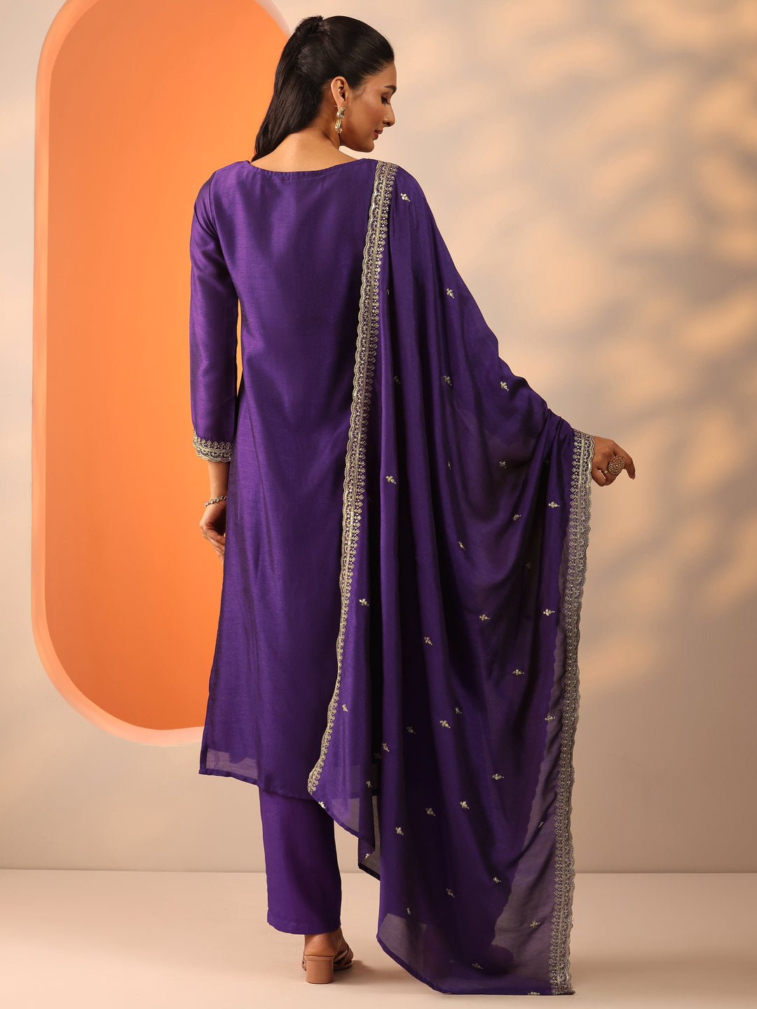  Purple Embroidered Silk Blend Straight Suit Set With Dupatta 
