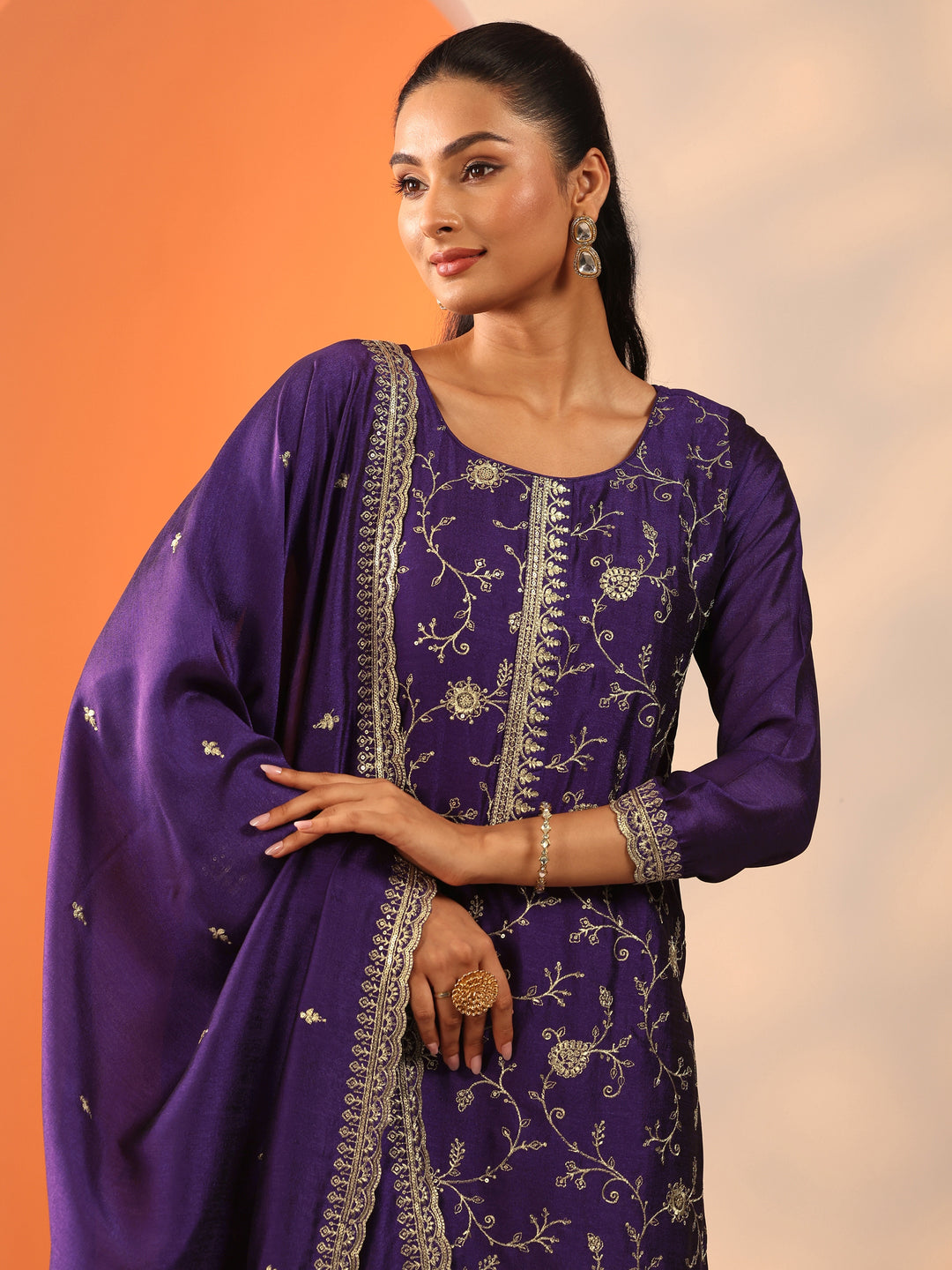  Purple Embroidered Silk Blend Straight Suit Set With Dupatta 