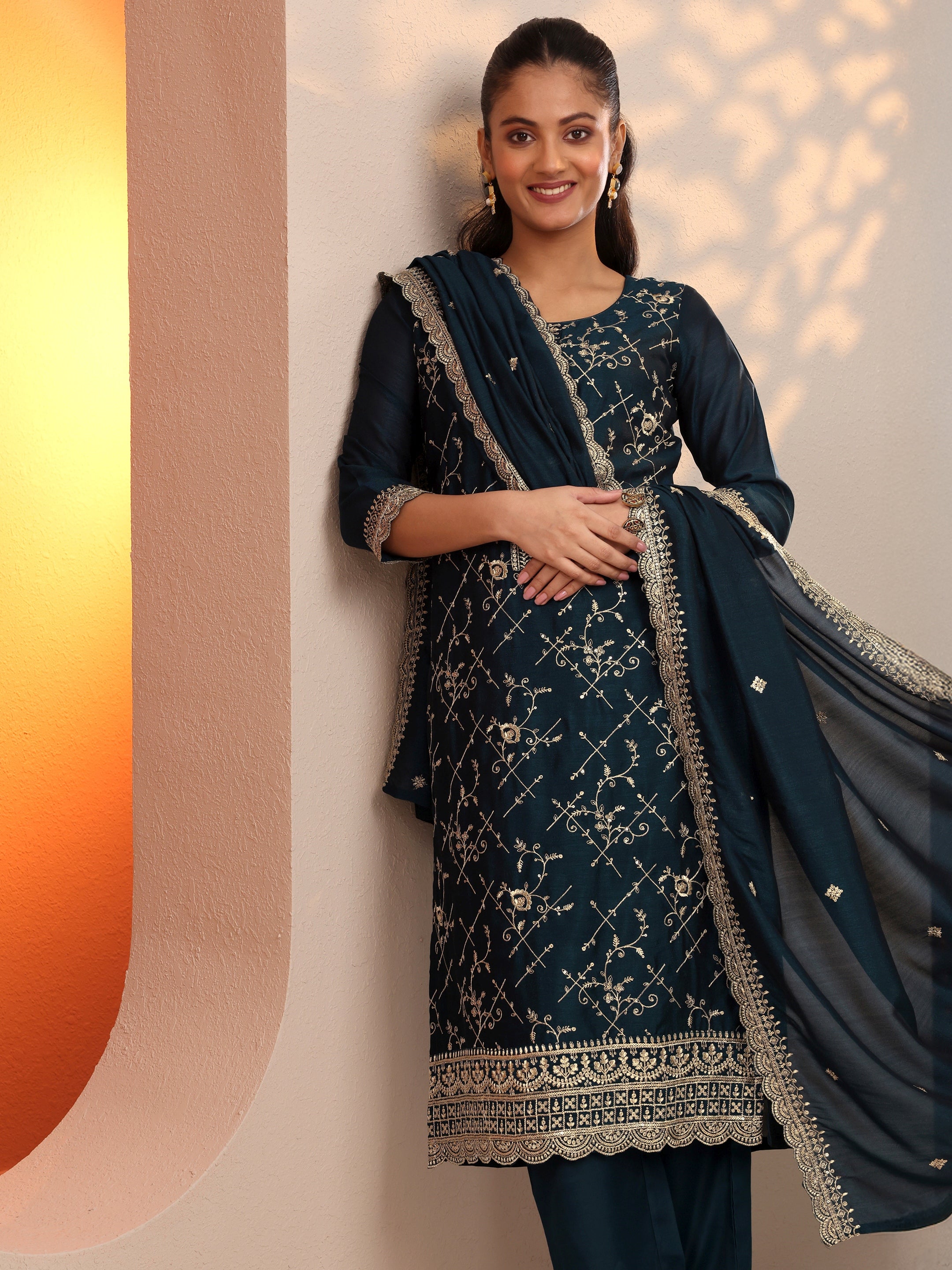 libas Teal Embroidered Silk Blend Straight Suit Set With Dupatta-picture-29