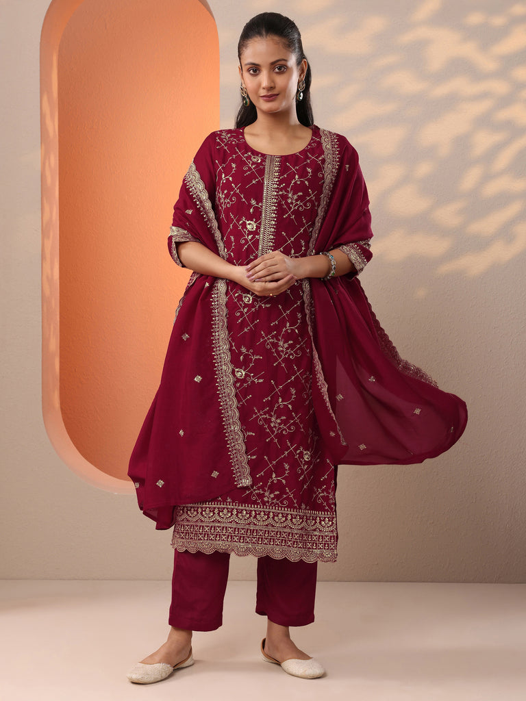 Libas Red Embroidered Silk Blend Straight Suit Set With Dupatta