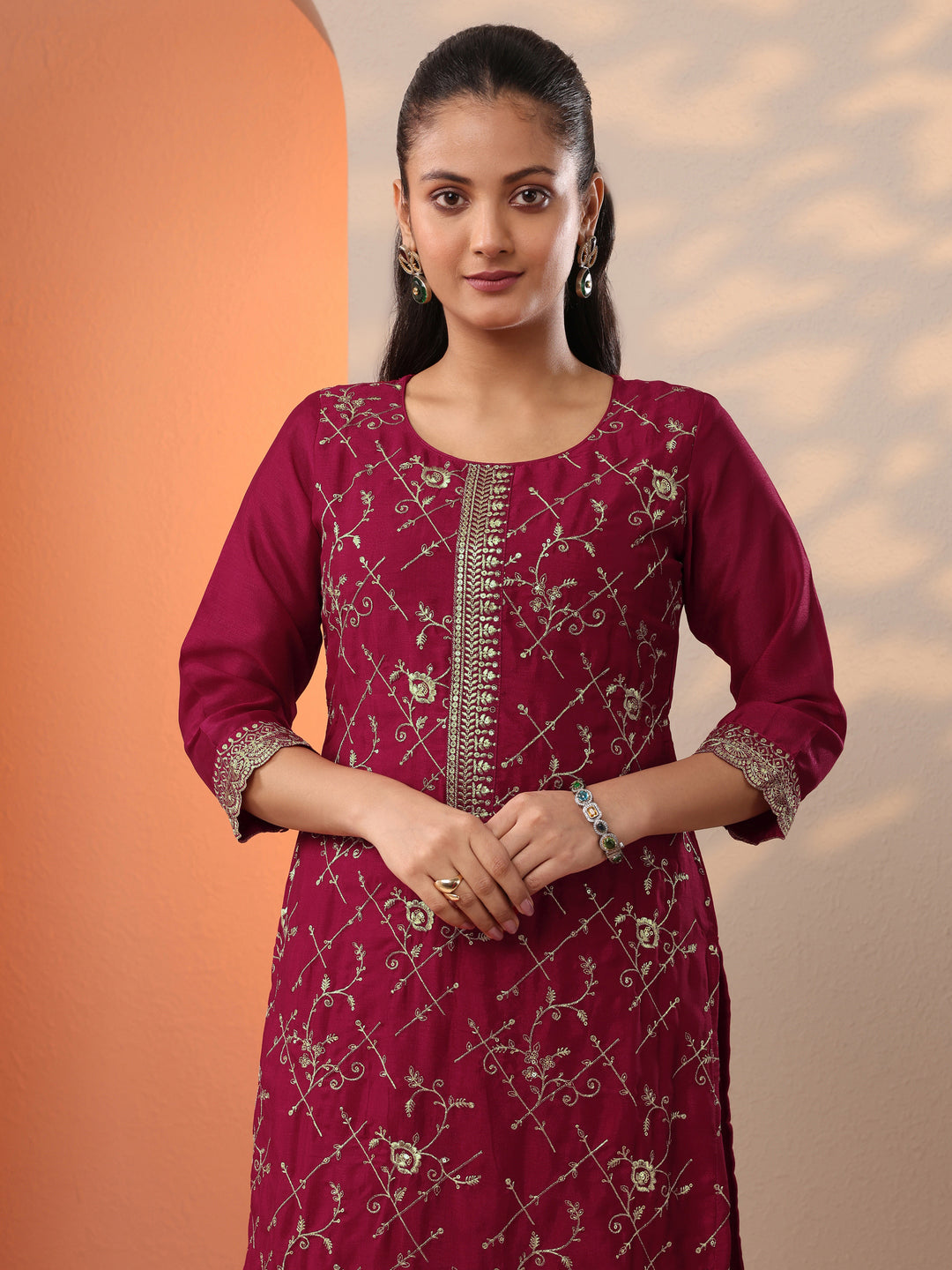  Red Embroidered Silk Blend Straight Suit Set With Dupatta 