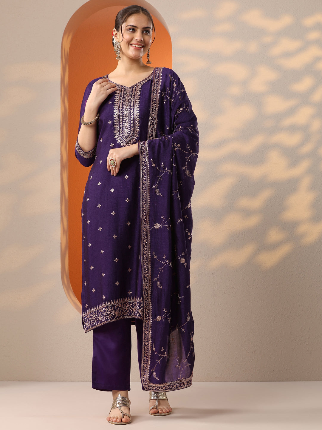  Purple Embroidered Silk Blend Straight Suit Set With Dupatta 