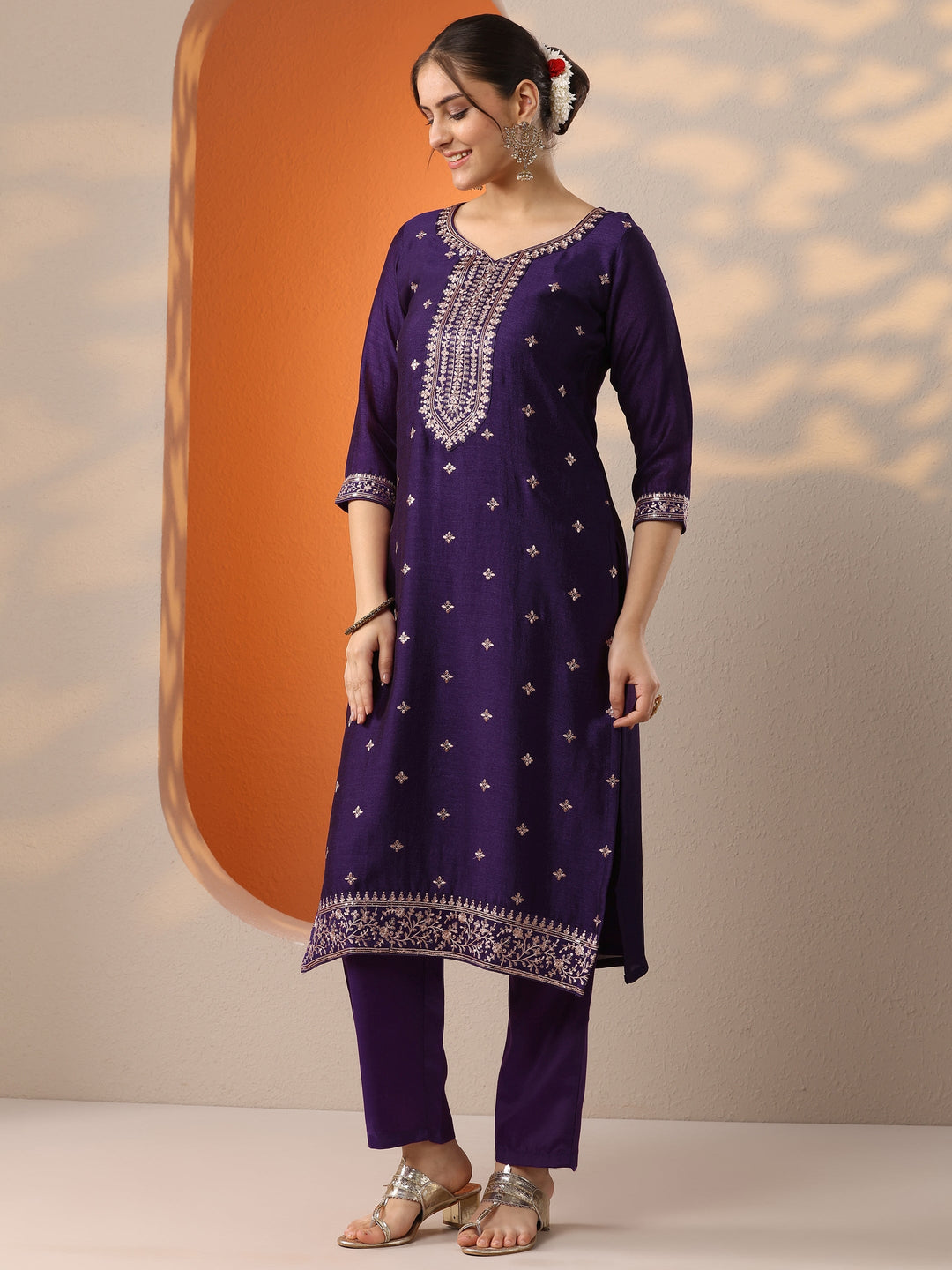  Purple Embroidered Silk Blend Straight Suit Set With Dupatta 