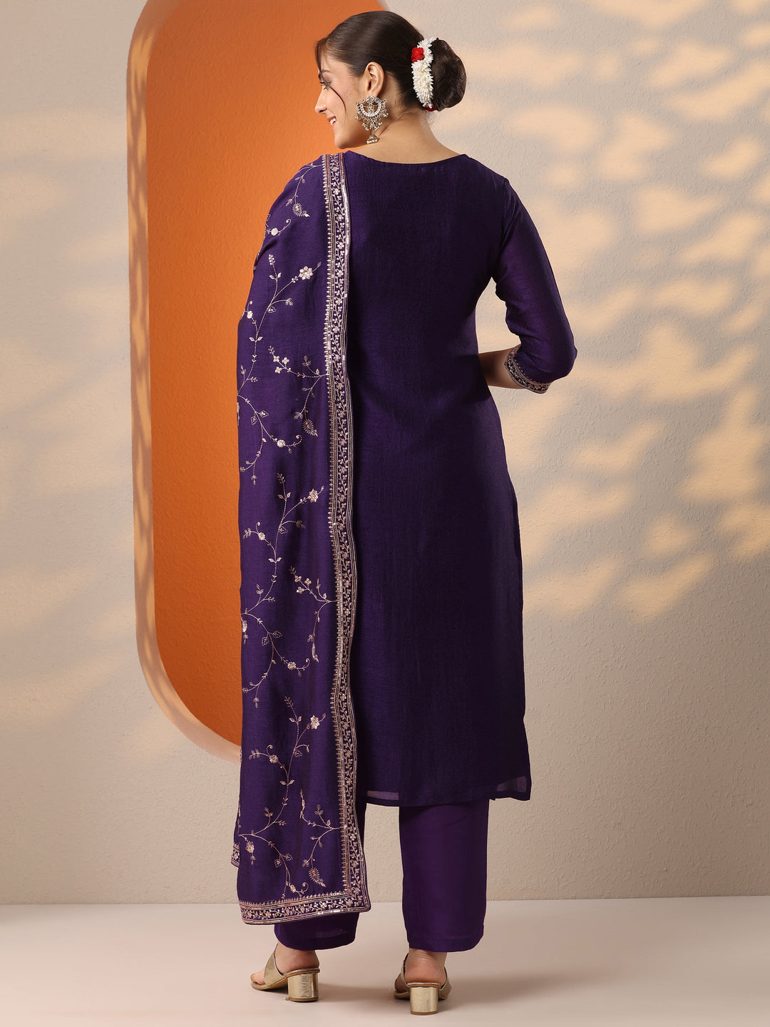 Purple Embroidered Silk Blend Straight Suit Set With Dupatta 