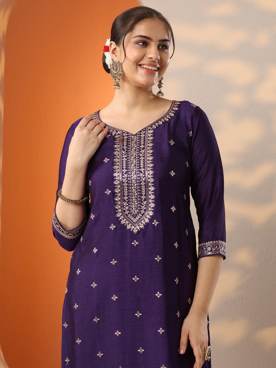  Purple Embroidered Silk Blend Straight Suit Set With Dupatta 