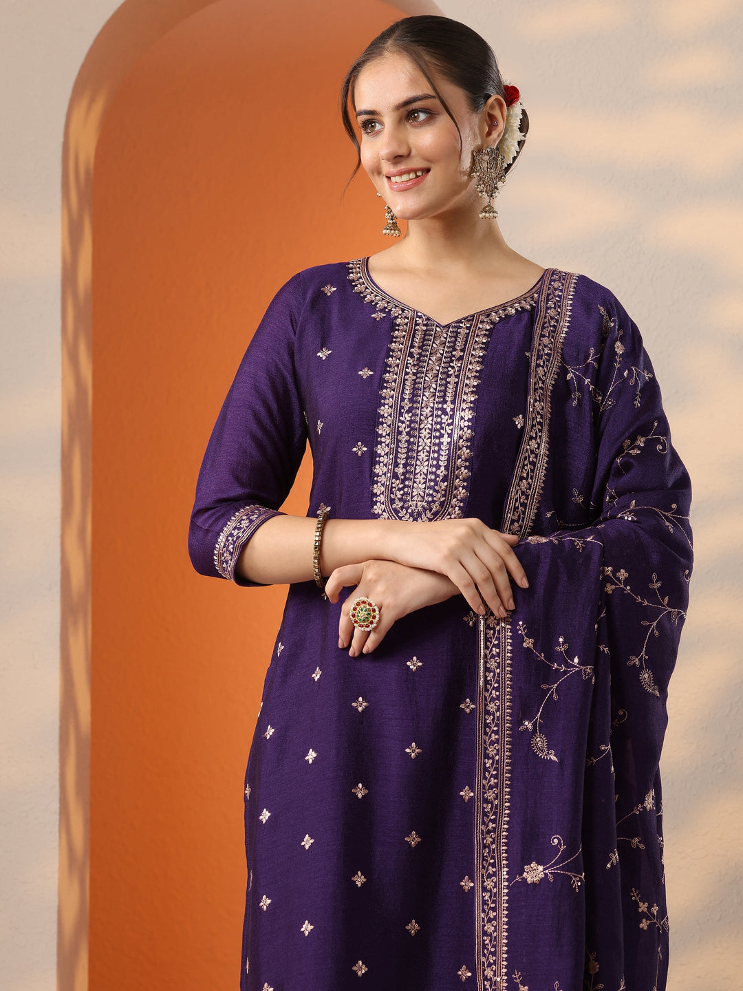  Purple Embroidered Silk Blend Straight Suit Set With Dupatta 