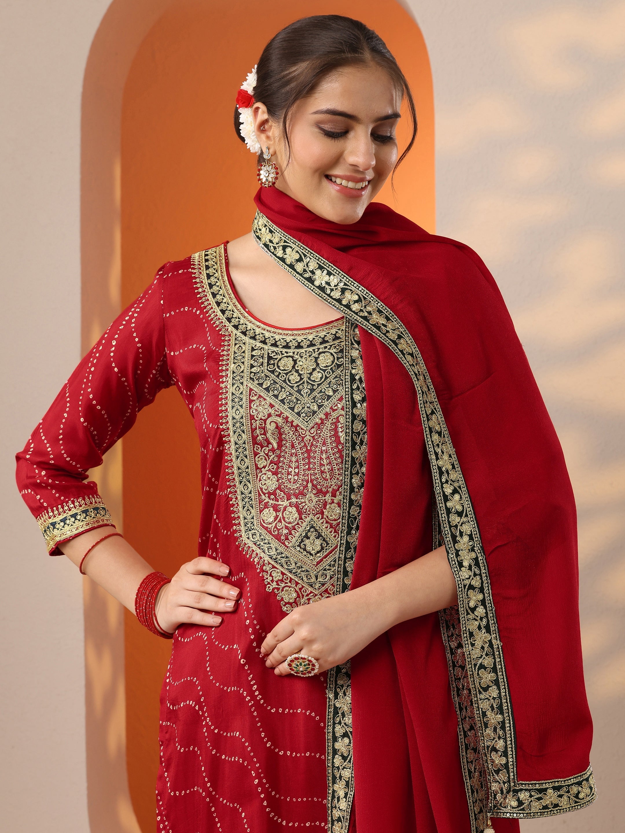libas Red Printed Silk Blend Straight Suit Set With Dupatta-picture-19