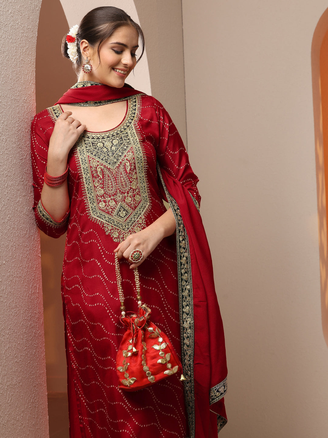  Red Printed Silk Blend Straight Suit Set With Dupatta 