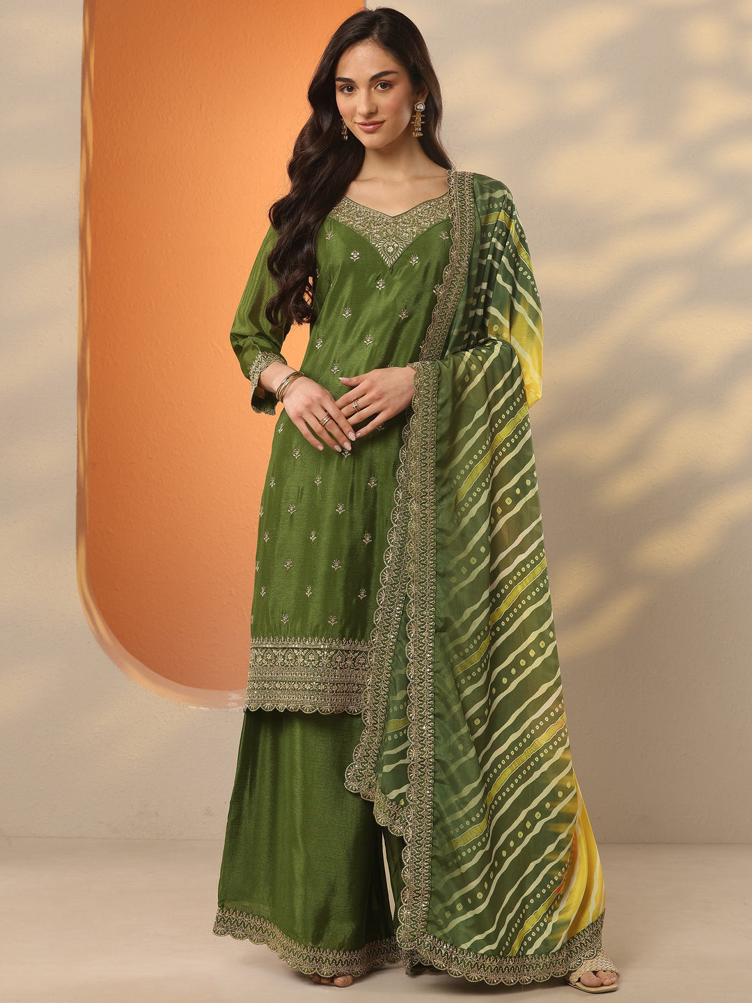 Olive Embroidered Chinon Straight Suit Set With Dupatta 