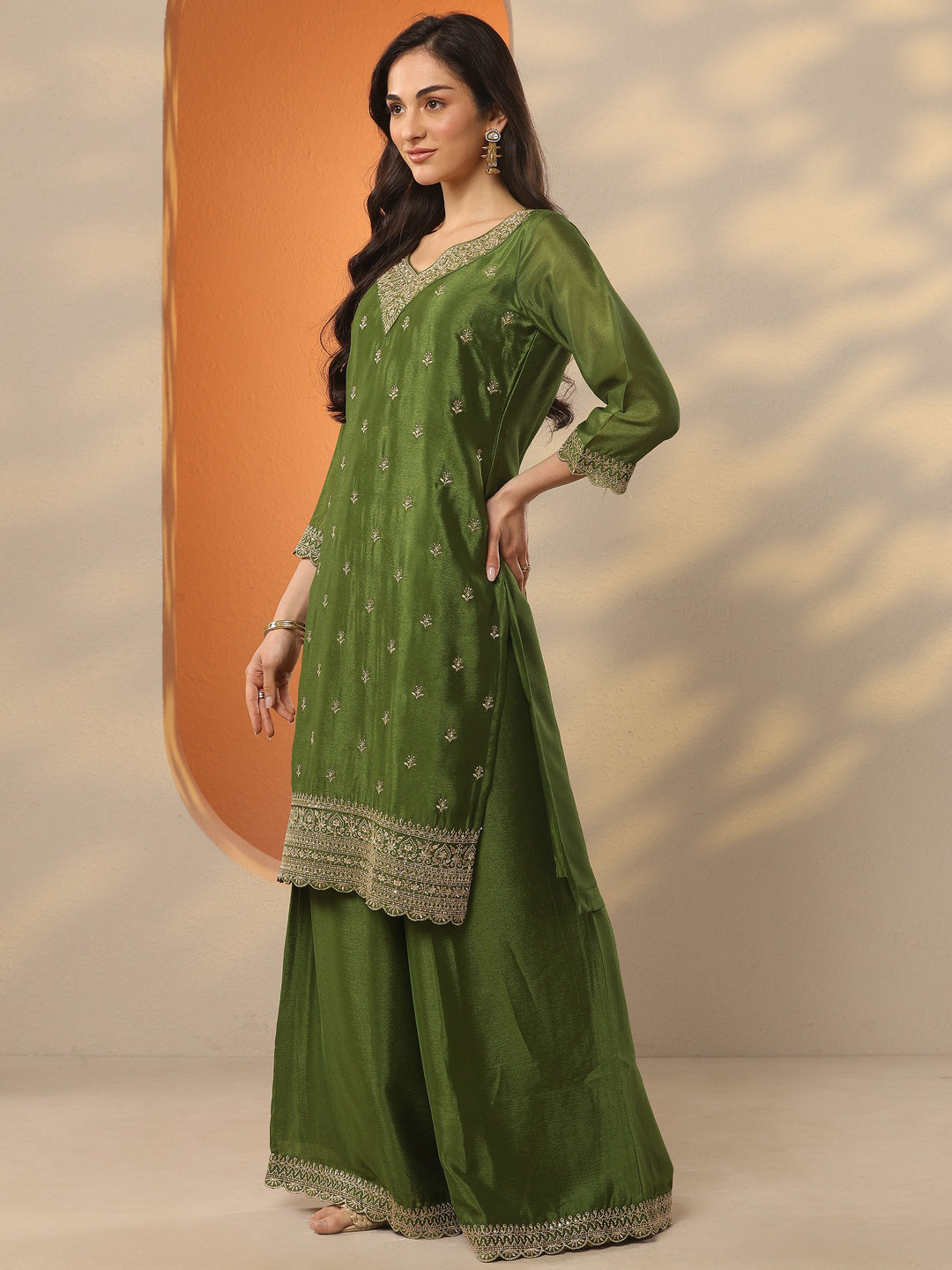 Olive Embroidered Chinon Straight Suit Set With Dupatta 