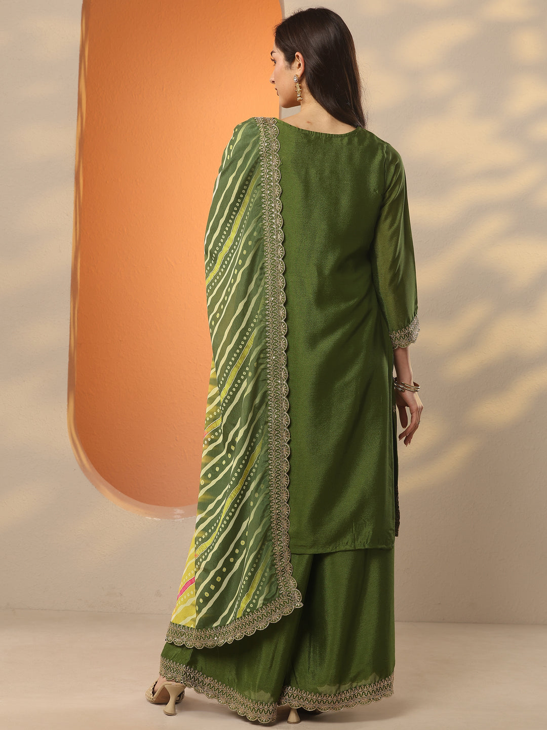  Olive Embroidered Chinon Straight Suit Set With Dupatta 