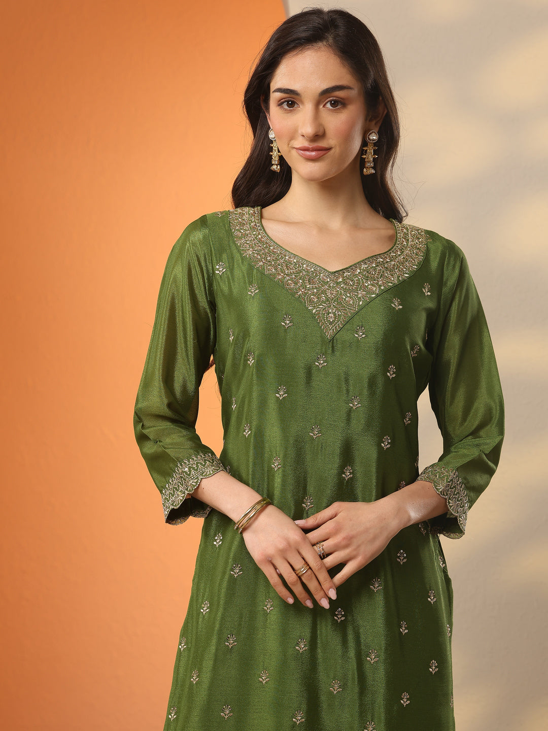  Olive Embroidered Chinon Straight Suit Set With Dupatta 