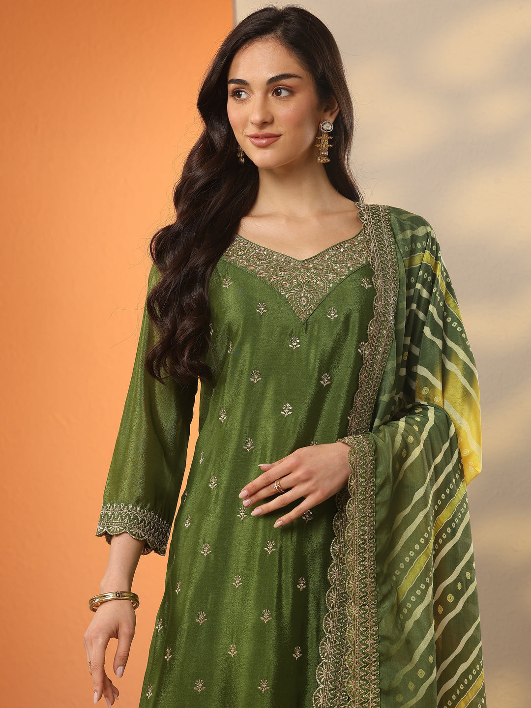  Olive Embroidered Chinon Straight Suit Set With Dupatta 