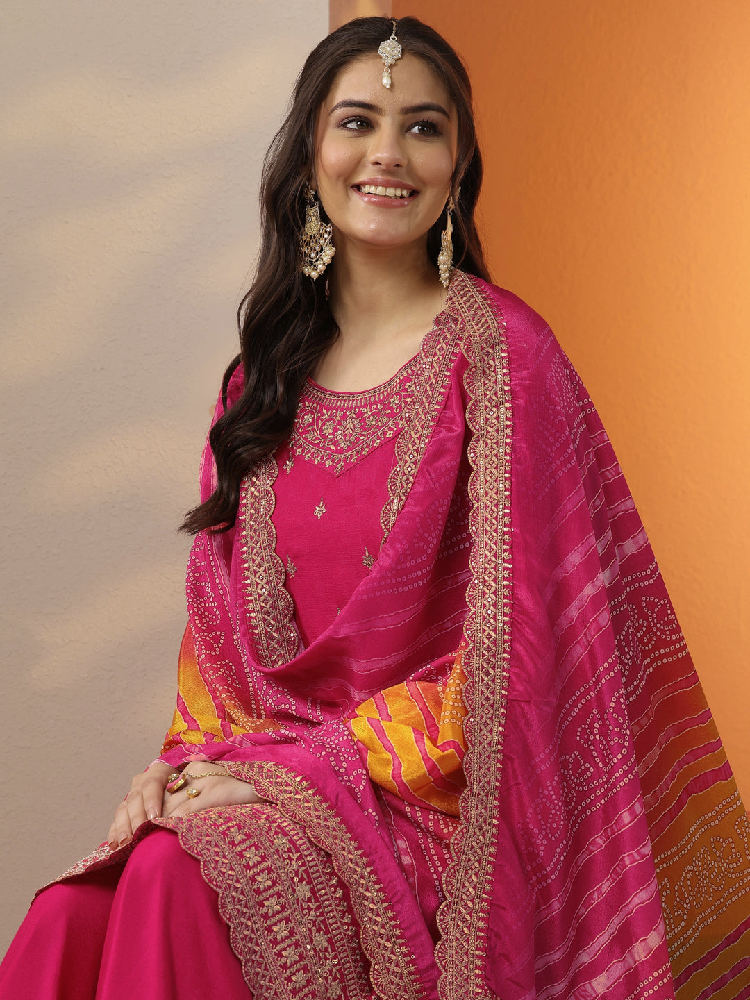 Pink Embroidered Chinon Straight Suit Set With Dupatta
