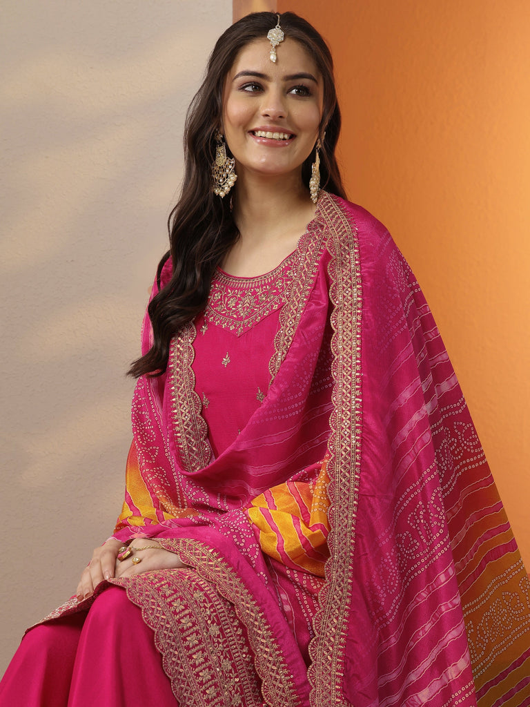 Libas Pink Embroidered Chinon Straight Suit Set With Dupatta