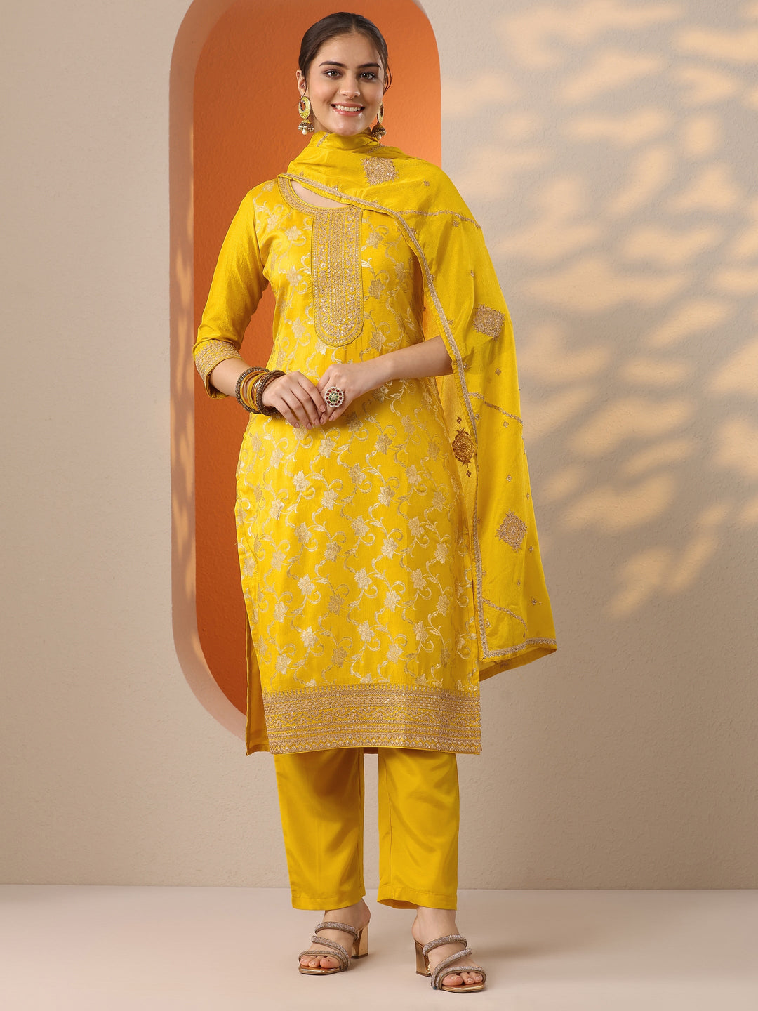  Yellow Woven Design Silk Blend Straight Suit Set With Dupatta 