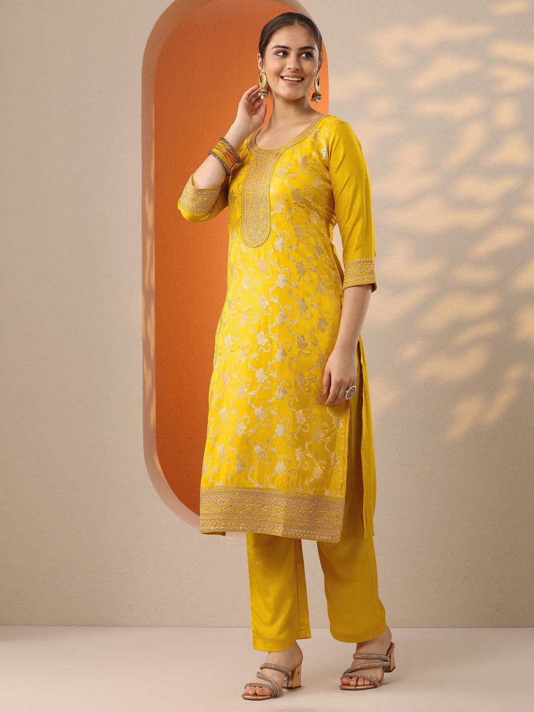  Yellow Woven Design Silk Blend Straight Suit Set With Dupatta 