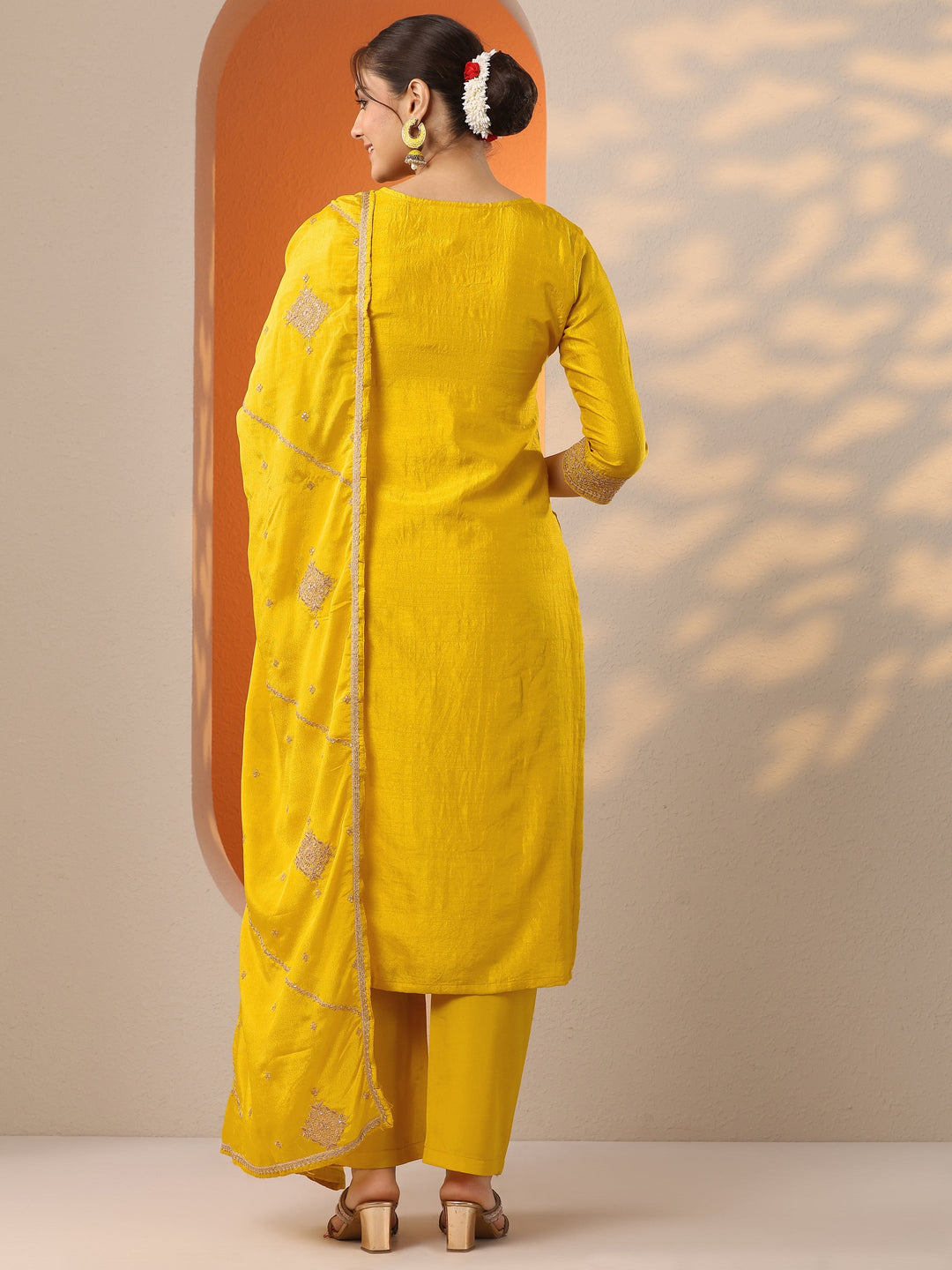  Yellow Woven Design Silk Blend Straight Suit Set With Dupatta 