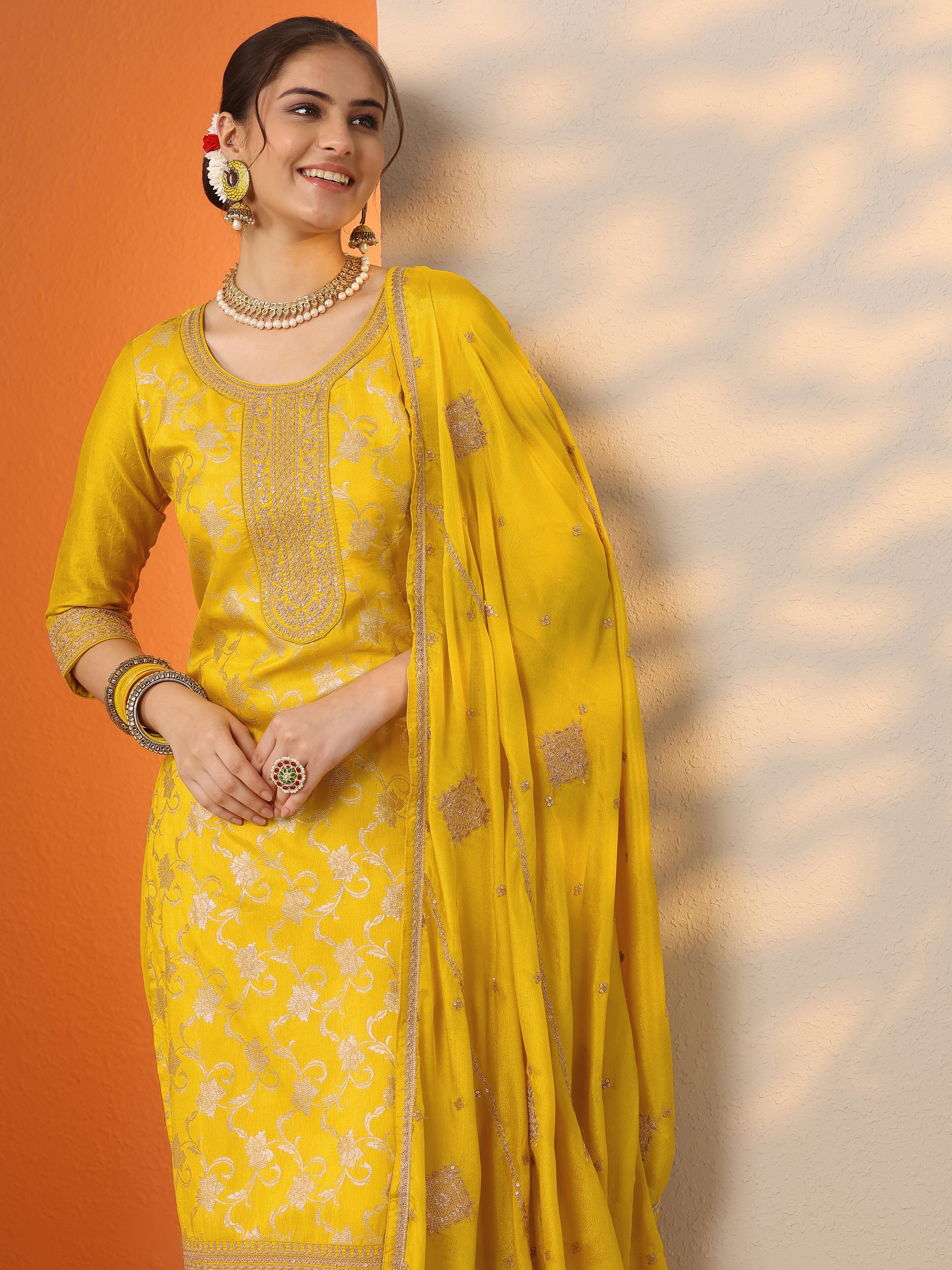 libas Yellow Woven Design Silk Blend Straight Suit Set With Dupatta-picture-24