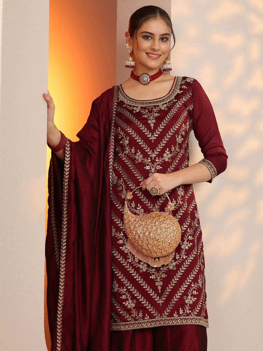Maroon Embroidered Silk Blend Straight Suit Set With Dupatta