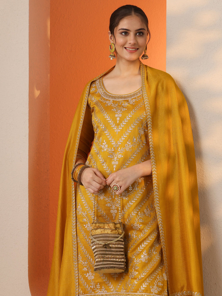 Libas Mustard Embroidered Silk Blend Straight Suit Set With Dupatta