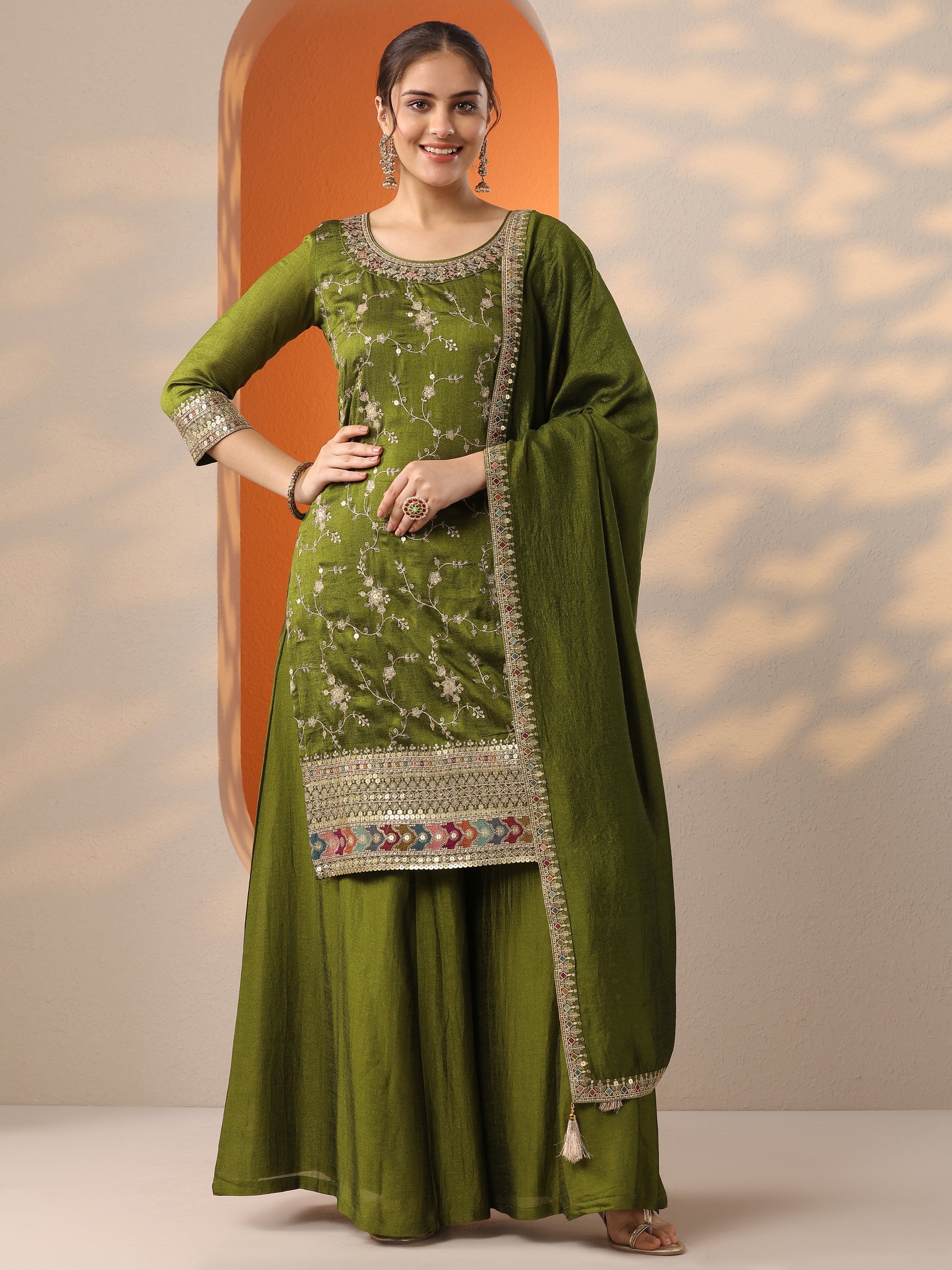 Olive Embroidered Silk Blend Straight Suit Set With Dupatta-image-9