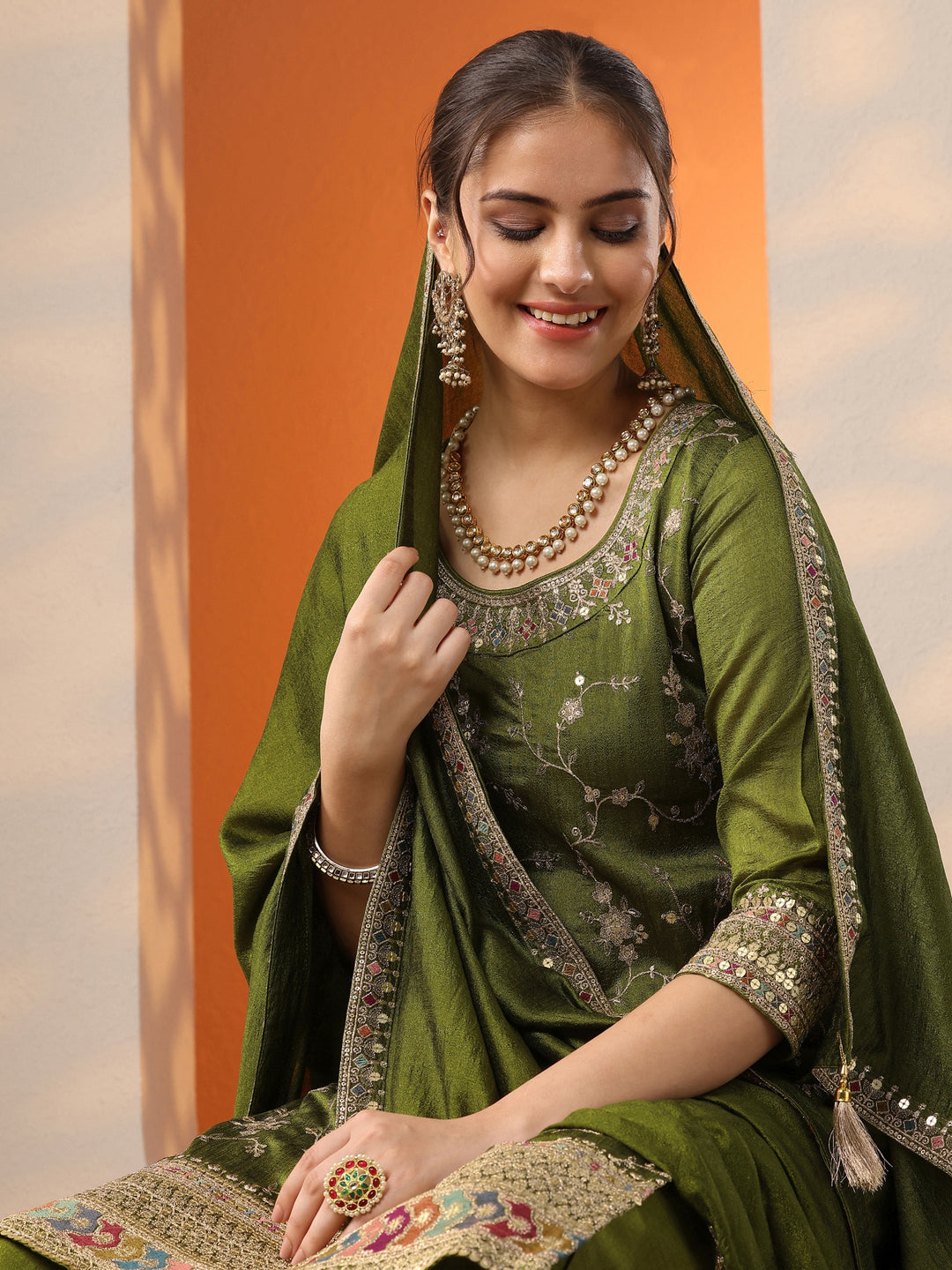  Olive Embroidered Silk Blend Straight Suit Set With Dupatta 