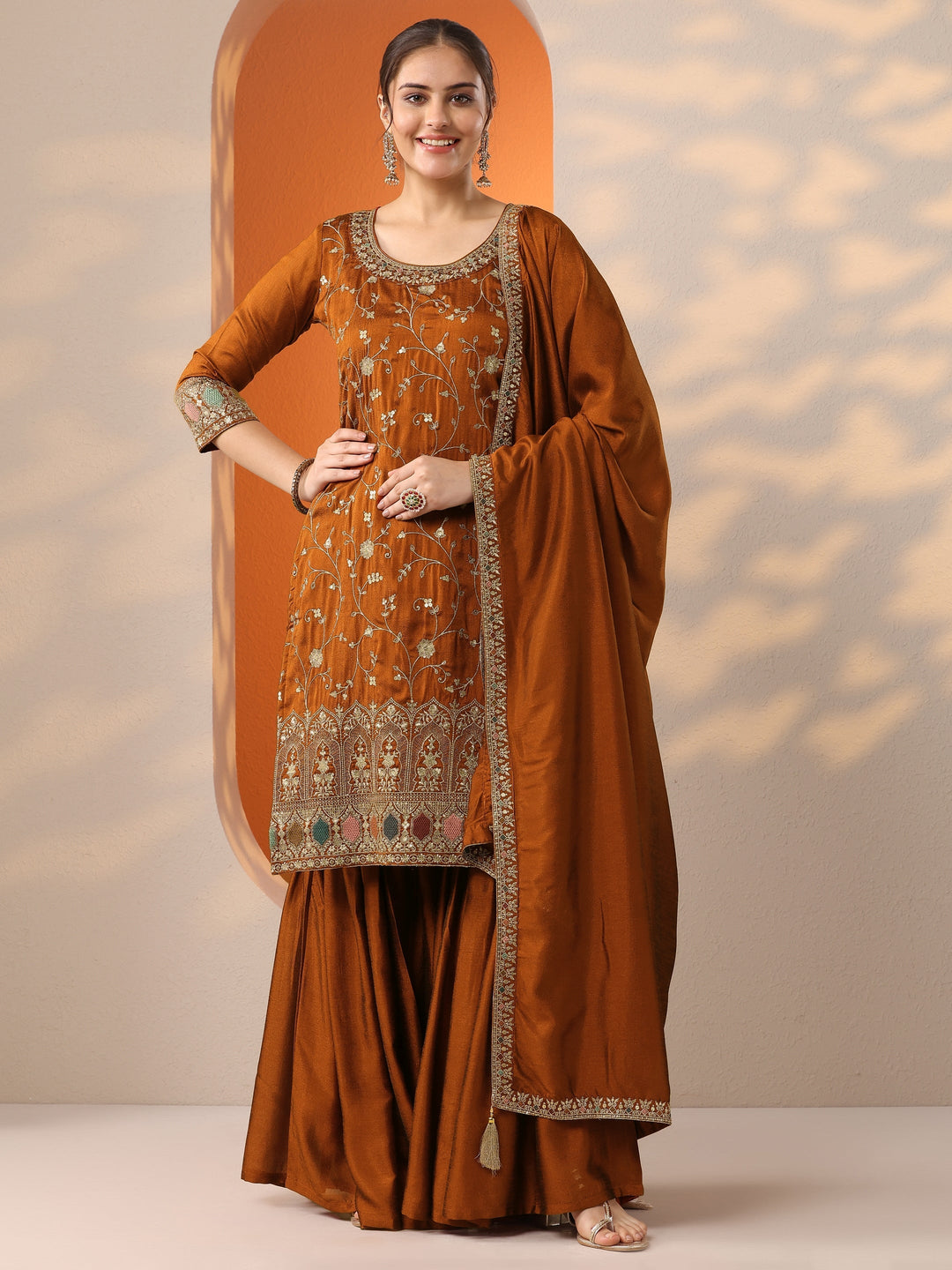  Rust Embroidered Silk Blend Straight Suit Set With Dupatta 