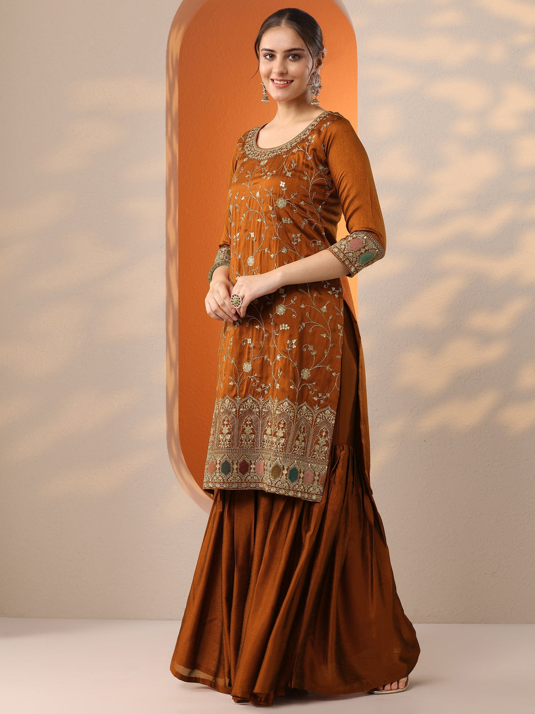  Rust Embroidered Silk Blend Straight Suit Set With Dupatta 