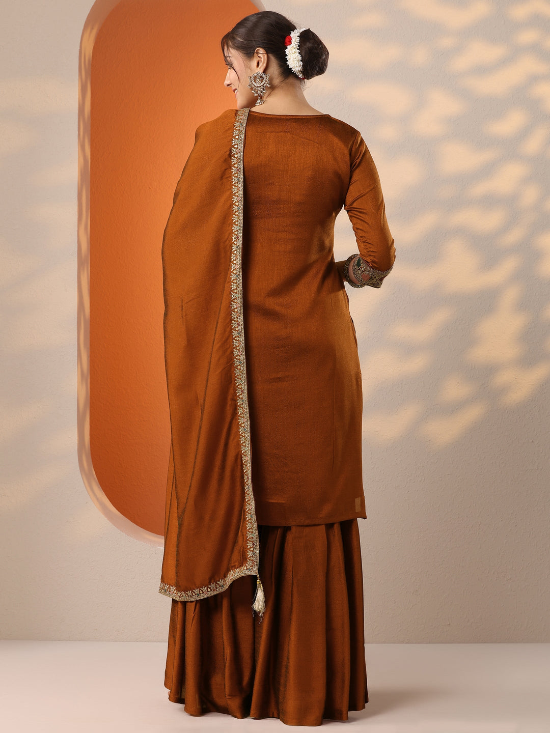  Rust Embroidered Silk Blend Straight Suit Set With Dupatta 