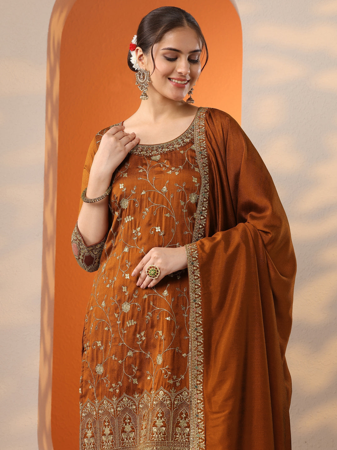  Rust Embroidered Silk Blend Straight Suit Set With Dupatta 