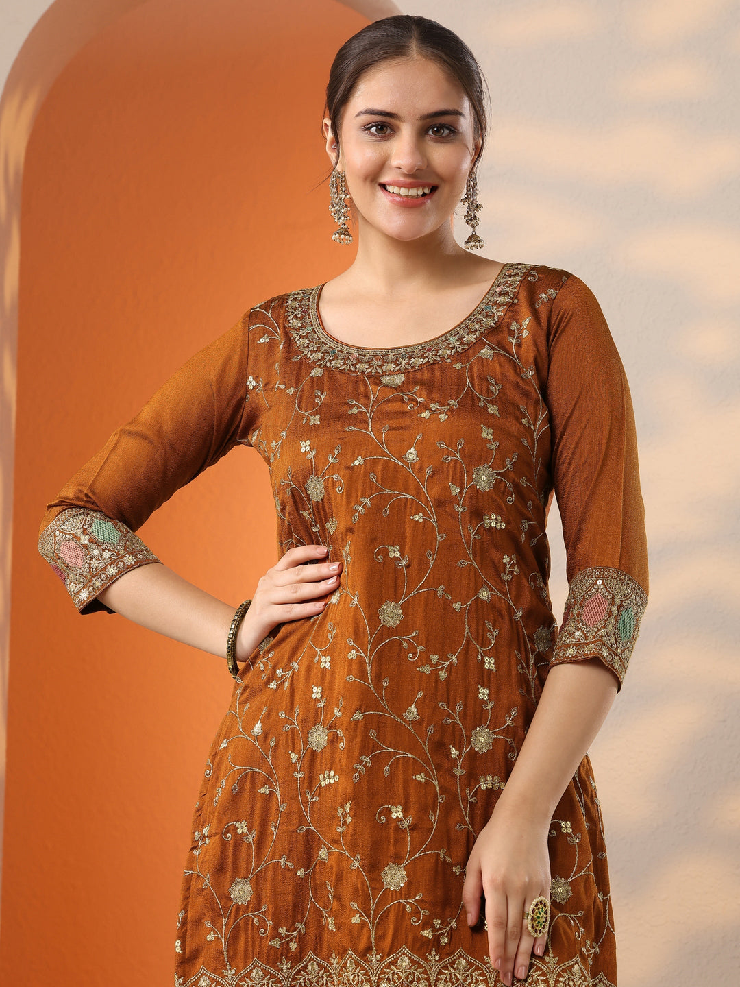  Rust Embroidered Silk Blend Straight Suit Set With Dupatta 