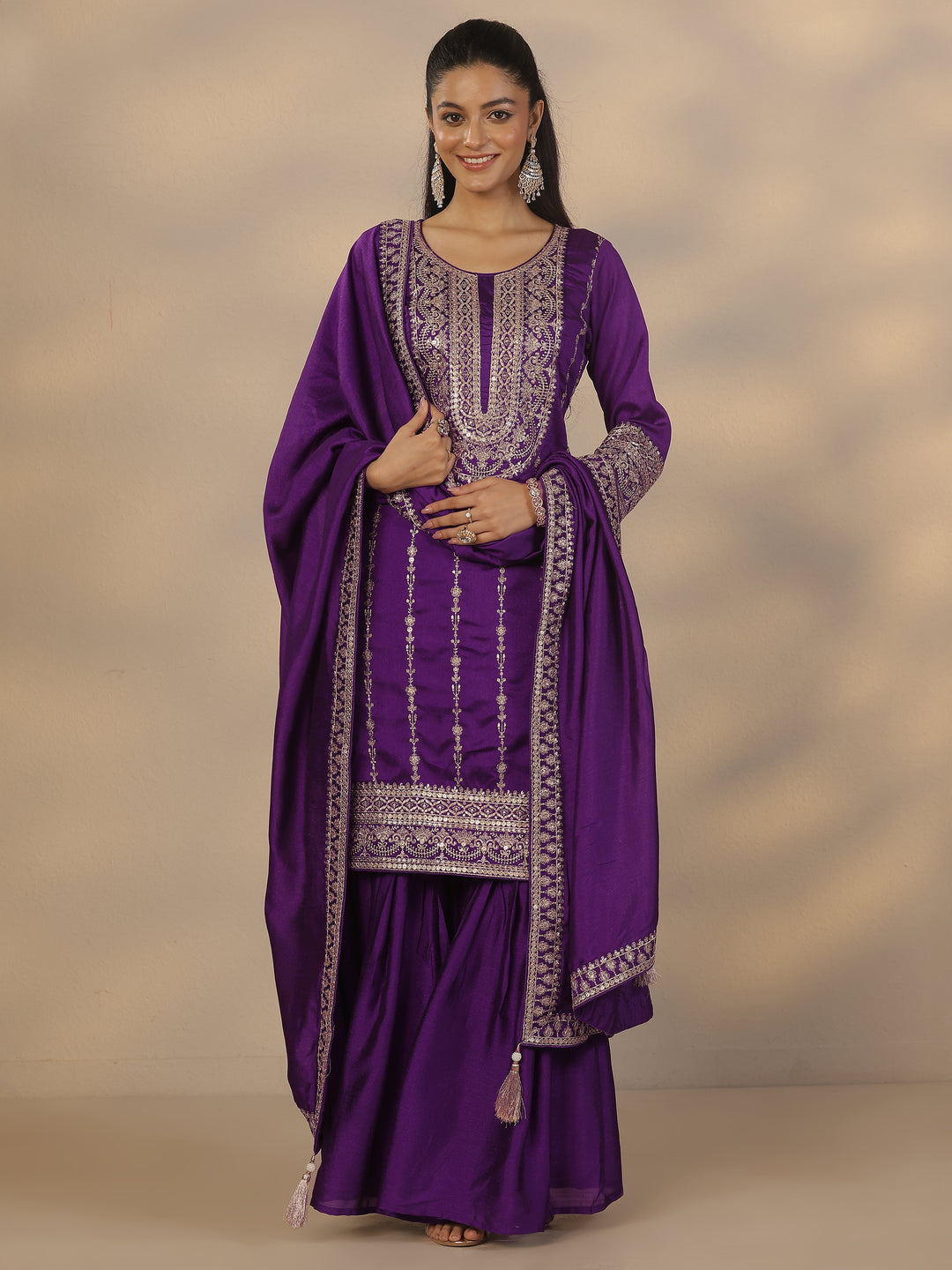  Purple Embroidered Silk Blend Straight Suit Set With Dupatta 