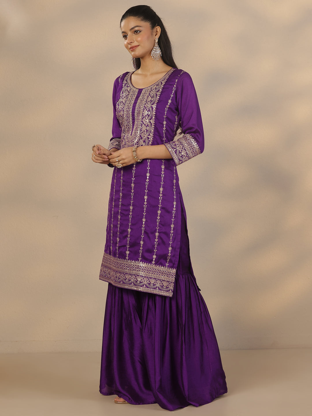  Purple Embroidered Silk Blend Straight Suit Set With Dupatta 