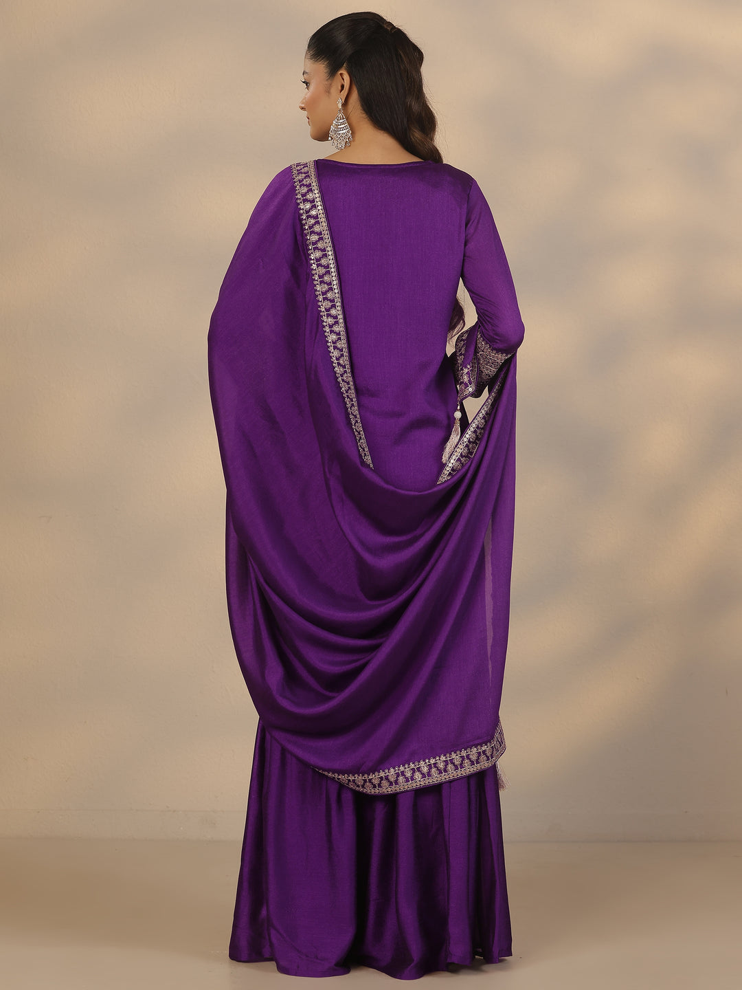  Purple Embroidered Silk Blend Straight Suit Set With Dupatta 