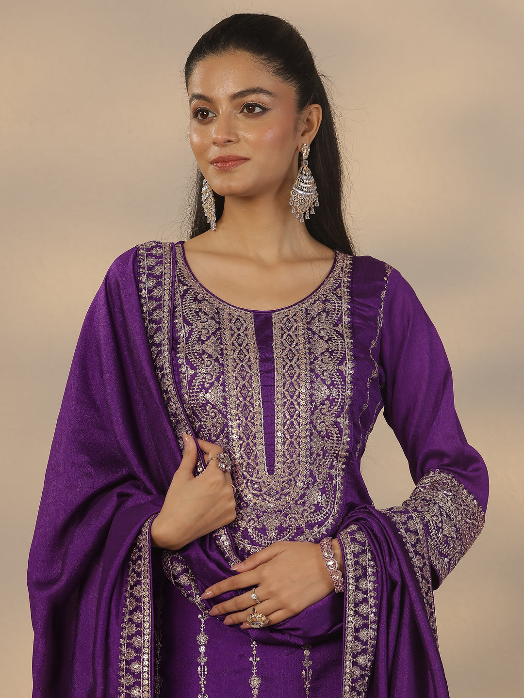  Purple Embroidered Silk Blend Straight Suit Set With Dupatta 