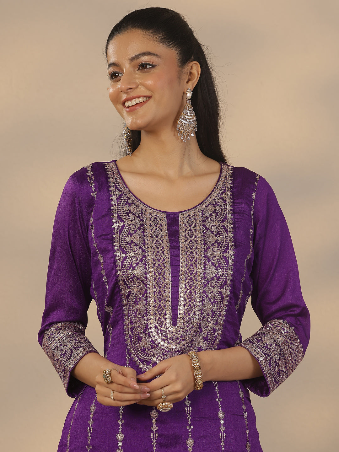  Purple Embroidered Silk Blend Straight Suit Set With Dupatta 