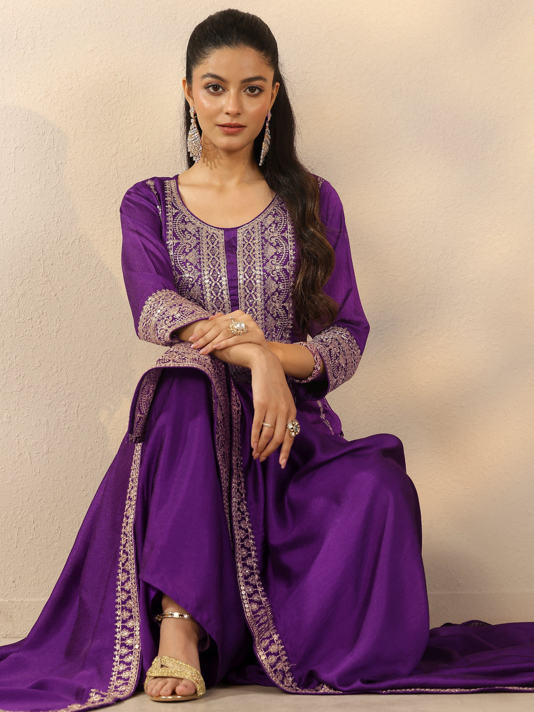  Purple Embroidered Silk Blend Straight Suit Set With Dupatta 