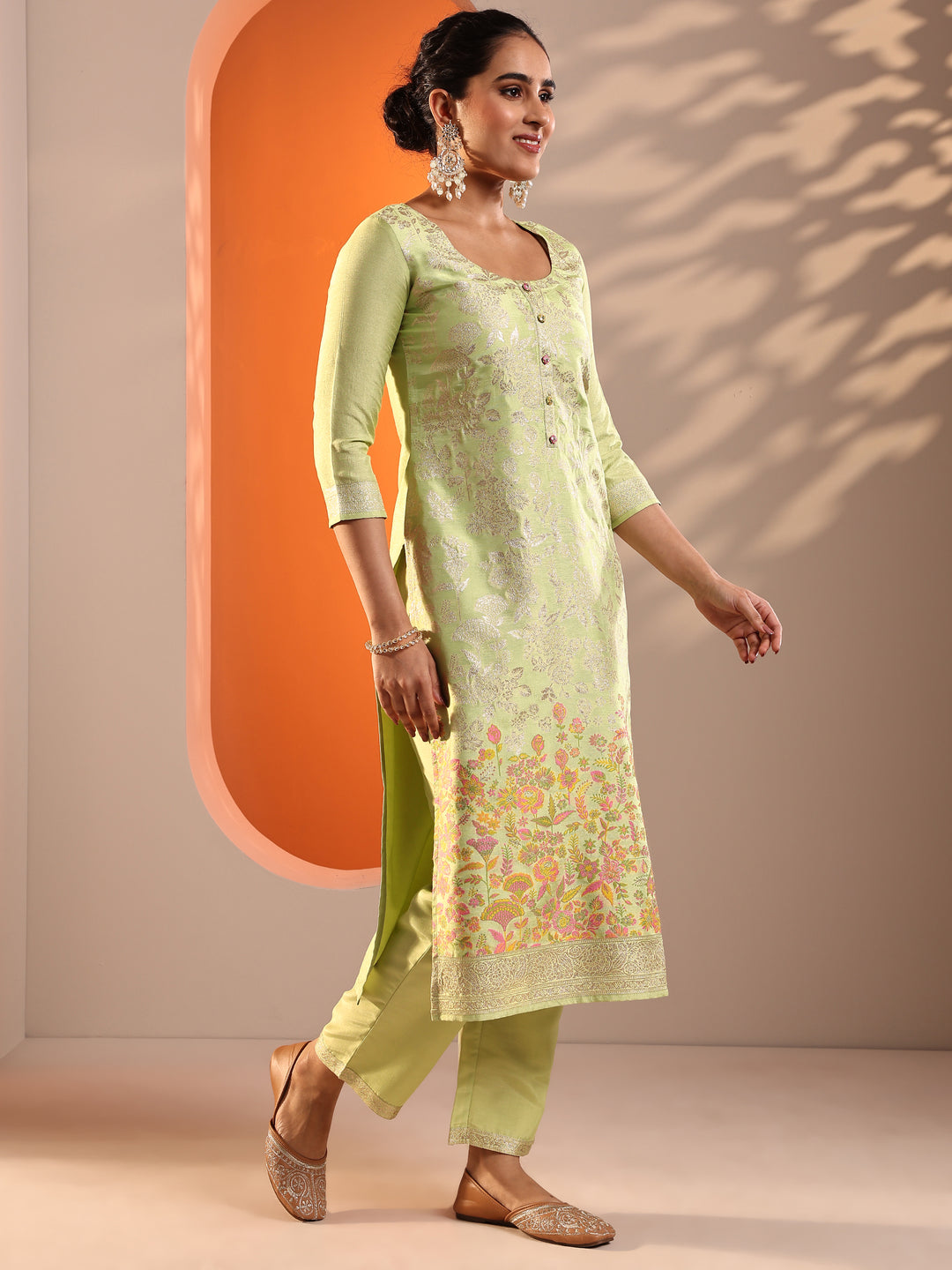  Green Woven Design Silk Blend Straight Suit Set With Dupatta 